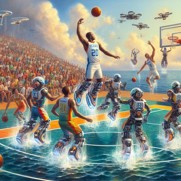 최우수상2 : 해상에서도 즐기는 육상스포츠 - 미래 해양 올림픽을 배경으로 한 물속 코트에서 공중에 뜨는 로봇 슈즈를 착용한 선수들의 농구 경기 장면을 시각적으로 표현