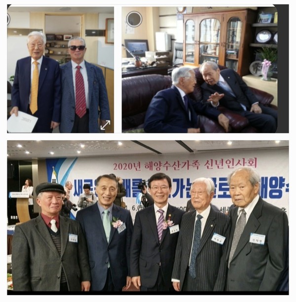 묵암 박현규 이사장과 필자 / 2014.10.7 박현규 이사장과 KCTC신태범 회장의 귀엣말.2020.1.6 해양수산가족 신년회(서대남.강무현 前장관.문성혁 장관.박현규 이사장.신태범 회장)